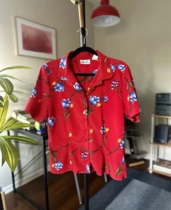 90s Vintage Red & Blue Floral Kathie Lee Button Up Short Sleeve Blouse Size 14 - Picture 1 of 4
