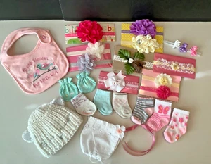 New Girl Baby 0-6mos. Socks, Cap, Bonnet, Headbands, Barrettes, Hand Guards &Bib - Picture 1 of 5