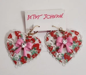 Betsey Johnson Baby Cakes Lucite Earrings LARGE Heart Strawberry Lace Pink Bow - Picture 1 of 6