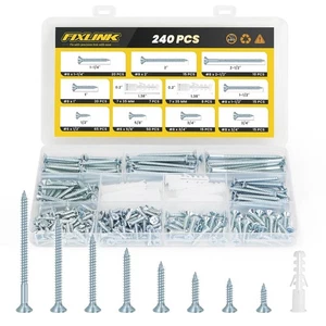 Wood Screws Assortment Kit, FIXLINK 240 PCS High Hardness Flat Head Wood Screws - Picture 1 of 7