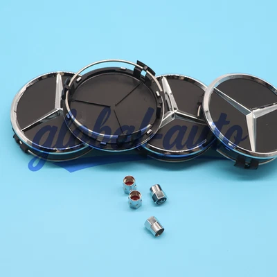 8 Piece BLACK / CHROME Set Fits for AMG Wheel Center Caps & Tire Air Capse - Image 1 of 4