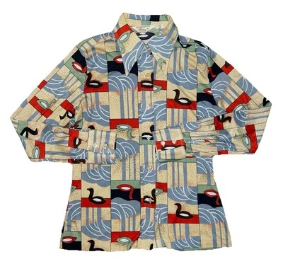 Vtg 70s JC Penny Fashions Duck Swan Long Sleeve Top Disco Tapered Collar Small - Image 1 of 4