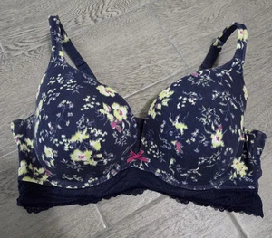 Cacique Bra Size 40DD Lined Padded Balconette Blue Floral - Picture 1 of 3