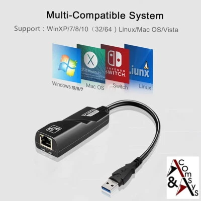 Adattatore 12cm USB 3.0 a Gigabit LAN Ethernet Rete RJ45 10/100/1000 Network - Immagine 1 di 4