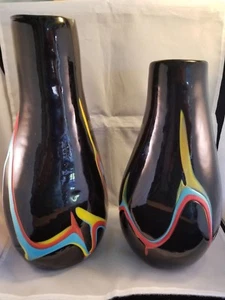 Black Studio Art Glass Vases w/ multi color design - Picture 1 of 9