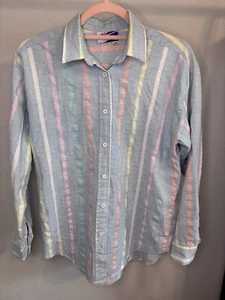 VINTAGE Button Up Mens Shirt Long Sleeve Blue Streak Retro 90s Size S Colorful - Picture 1 of 4