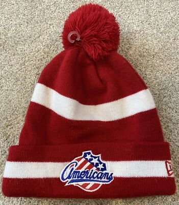 NUEVO SIN ETIQUETAS New Era AHL Rochester Americans Amerks Gorro Pom Invierno Sombrero R&W Rayas Foto 1 de 4