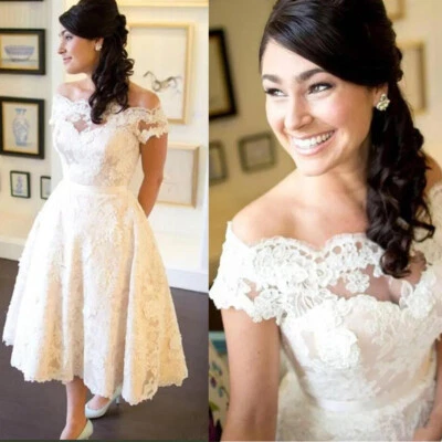 White Short Wedding Dresses Lace Appliques Boho Off Shoulder A-Line Bridal Gowns - Image 1 of 4