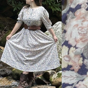 VTG LAURA ASHLEY 1980’s GREAT BRITIAN BLUE PEACH COTTAGECORE FLORAL TEA DRESS L - Picture 1 of 24