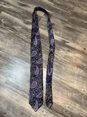 Corbata de seda siete pliegues azul marino púrpura dorado cachemira floral lujo hecha a mano Foto 1 de 4