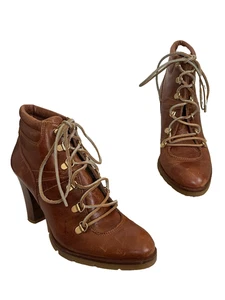 Michael Kors Bryn Brown Genuine Leather Heeled Ankle Bootie Lug Sole 9 M - Picture 1 of 11