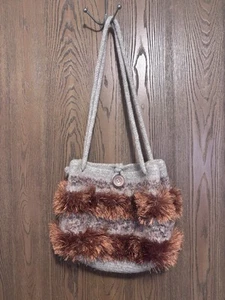Felt Bag Purse Fringe Wood Button Orange Color Handbag Artsy Vibe Boho Retro - Picture 1 of 5