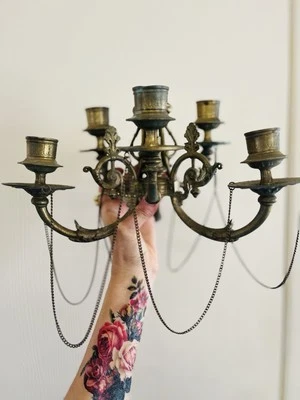 Antique Late 1800s Victorian Brass Chain Gothic 6 Piece Candle Lamp Piece - Image 1 of 4