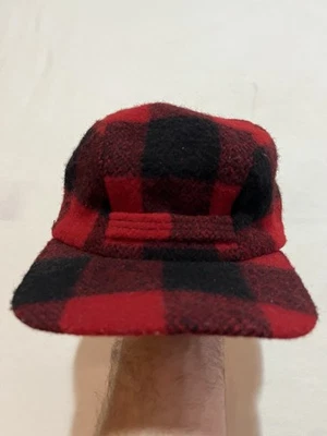 VTG Quilt Lined WOOL TRAPPER CAP HAT RED BLACK BUFFALO PLAID HUNT USA 7 1/2” - Image 1 of 4