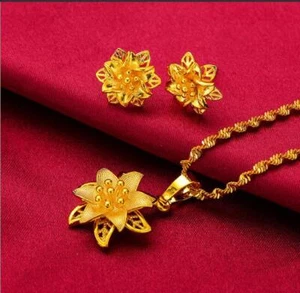  Jewelry set Bride's Flower 22K 23K 24K THAI BAHT GOLD GP NECKLACE18" /new - Picture 1 of 5