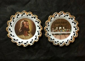 Vintage Porcelain "LAST SUPPER&JESUS HEAD" Lace Plate Wall Display Plaque 22kt - Picture 1 of 2