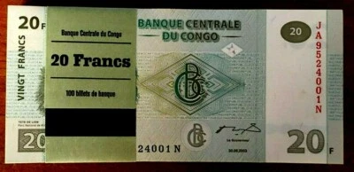 CONGO DR. 20 FRANCS P-94 2003 LION CUB UNC x 100 Pcs Bundle LOT Zaire BANKNOTE - Image 1 of 4