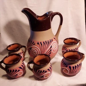 Handpainted Mexican Pottery Red Clay Water Pitcher Cup 7 pc Set blue white  - Picture 1 of 12