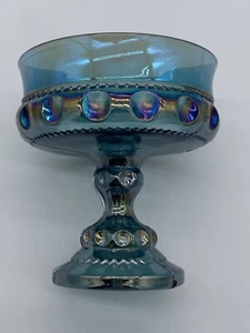 Iridescent Peacock Blue Carnival Glass Kings Crown Thumbprint Footed Compote 6” - Picture 1 of 13
