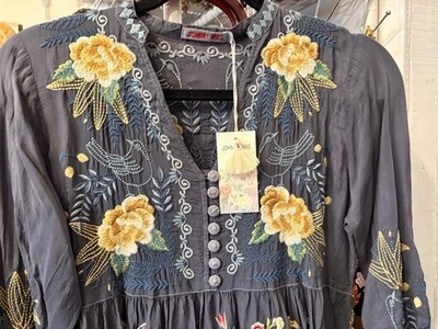 Johnny Was Embroidered Petadina Dress W/ Slip SZ PXS NWT Gray Floral Birds - Image 1 of 4