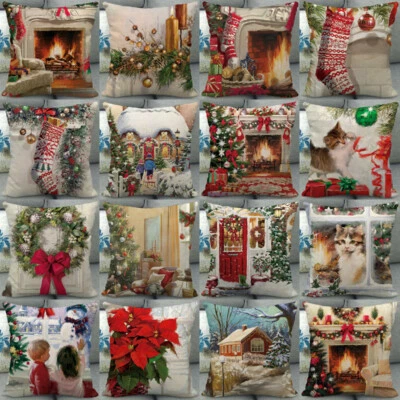 Xmas Santa Claus Pillow Case Wreath Christmas Tree and Fire Place Cushion Covers - Image 1 of 4
