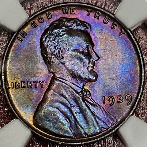 NGC MS-65 BN BLUE/VIOLET RAINBOW TONING!  1939 WHEAT CENT Cover