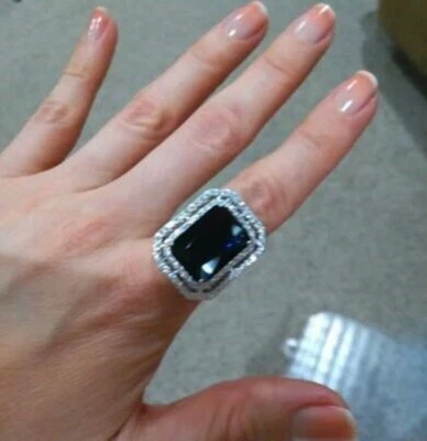 Lab-Created Blue Sapphire Big Large Square Ring 18k White Gold Filled Gorgeous - Image 1 of 4