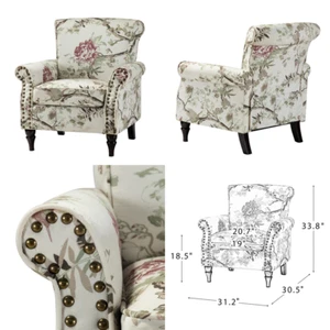 Floral Accent Chair with Nailhead Trim Rolled Arms Armchair Living Room Country - Picture 1 of 12
