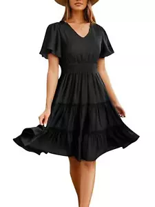 Women Casual Short Sleeve V Neck Smocked Waist A Line Midi Dresses - Picture 1 of 14