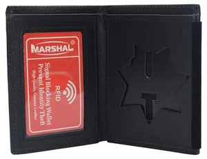 RFID Blocking 7 Point Start Badge Holder Genuine Leather Slim ID Wallet - Picture 1 of 8