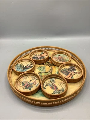 Vintage Japanese Geisha Bamboo Serving Tray And Coasters. - Image 1 of 4