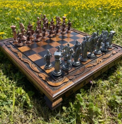 Jeu d'échecs ancien plateau vintage en noyer fait main Empire romain,... - Photo 1/4