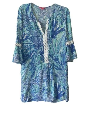 Vestido túnica Lilly Pulitzer azul verde Hollie Mes Cottagecore Resortwear costeiro - Imagem 1 de 4