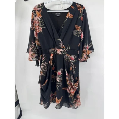 City Chic Floral Print Faux Wrap Dress Womens Plus Size 18 Black Peach - Image 1 of 4