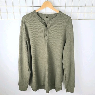 Top Uniqlo Para Hombres XL Verde Tejido Gofre Manga Larga Cuarto Botón Henley- Leer Foto 1 de 4