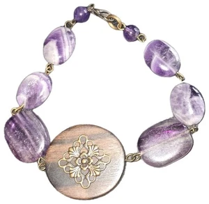 Artisan Crafted Amethyst Bracelet With Wooden Centerpiece Deco Metal Inlay - Picture 1 of 3