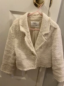ZARA Kids Girl Cream Tweed Textured Fringe Cropped blazer Textured Sz 6-7 - Picture 1 of 6