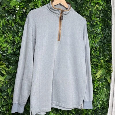 ORVIS Men Tweed Pull Over Medium Blue Sweater 1/4 Zip Leather Trim  2331 - Image 1 of 4