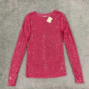 FREE PEOPLE Shirt Womens Small Hot Pink Combo Sequin Sparkle Long Sleeve Party - Picture 1 of 10