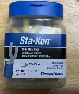 THOMAS & BETTS 10RC-10F YELLOW FORK TERMINALS 50 COUNT NEW - Image 1 of 4