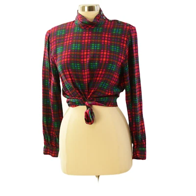 Blusa de seda Liz Claiborne vintage años 80 para mujer S roja a cuadros cuello falso top de vacaciones Foto 1 de 4