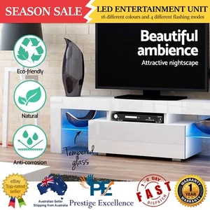 LED Entertainment Unit TV Cabinet 130cm High Gloss Tempered Glass Shelf White AU - Picture 1 of 9