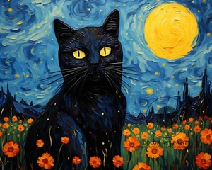 Black Cat In Field of Calendula Marigold Flowers At Sunset Giclée Art Print 8X10 - Picture 1 of 2