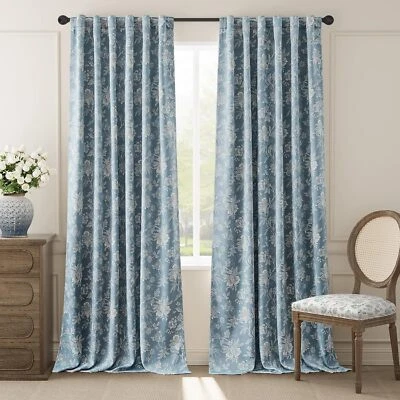Cortinas florales 100 % apagadas para dormitorio 96 pulgadas de largo blanco sobre azul estampado Foto 1 de 4