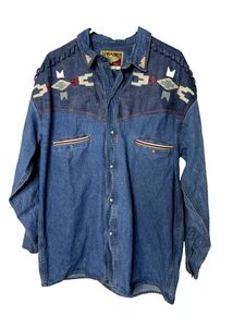 Camisa Vaquera Shooter Western Hombres Azul Broches de presión Cuero Vaquero Rodeo Azteca Denim L - Imagen 1 de 12