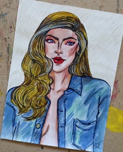 Woman blonde girl in denim portrait Original painting Art 8x6'' beautiful - Picture 1 of 3