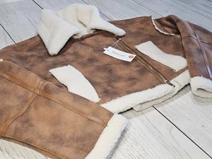 Chaqueta de cuero de gamuza sintética tostada recortada Sherpa piel de oveja moto abrigo de aviador talla S - Imagen 1 de 19