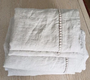West Elm European Flax Linen Pom Pom Cal-King Sheet Set Natural Flax - Picture 1 of 4