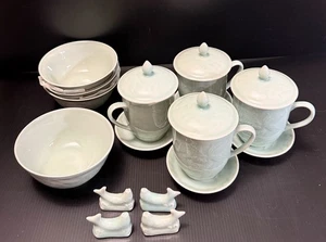 Set For 4 Vintage Embossed Koi Fish Celadon Lidded Mugs W Saucers & Fruit Bowls - Picture 1 of 10