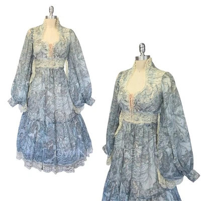 Gunne Sax Blue Fairy Nymph Corset Midi Dress Size S 9 Vintage 70s Prairie - Image 1 of 4